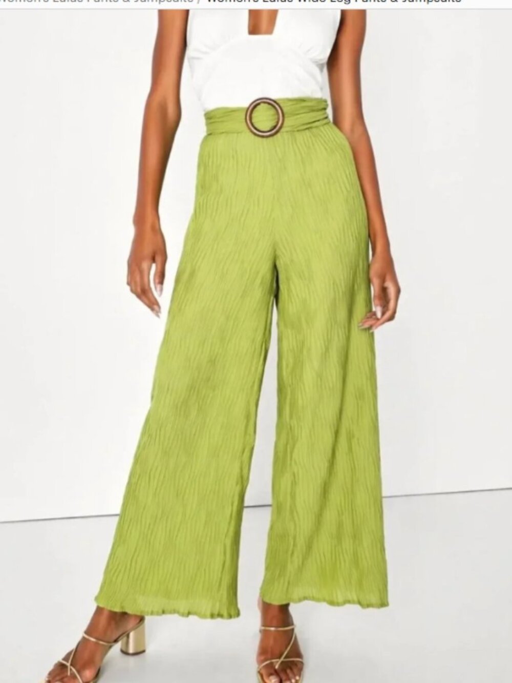 Lulus Getaway Essentials Lime Green Plisse Belted Wide Leg Pants Size S